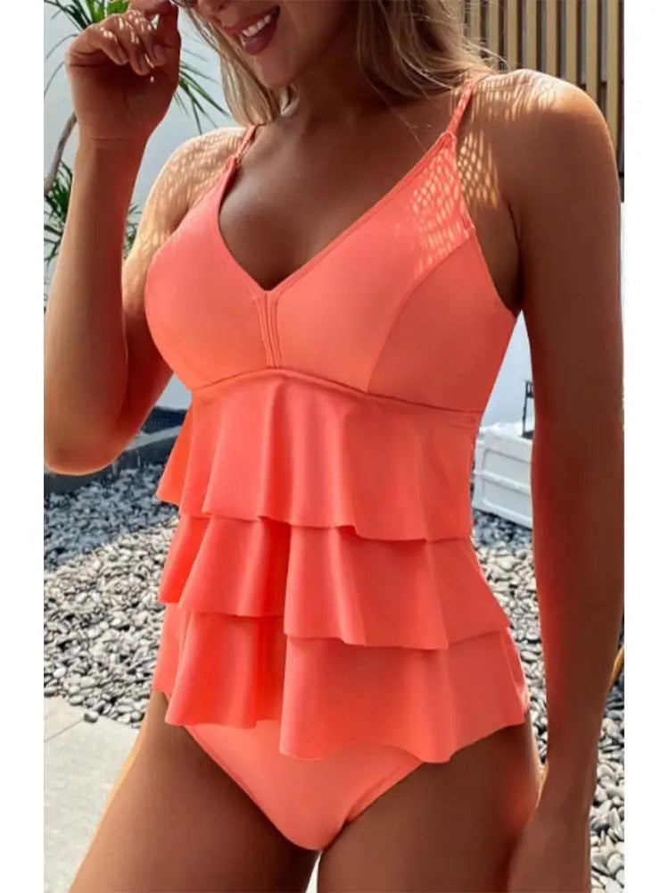 Cleo | Women's Beach Tiered Ruffle V Neck One Piece Swimsuit