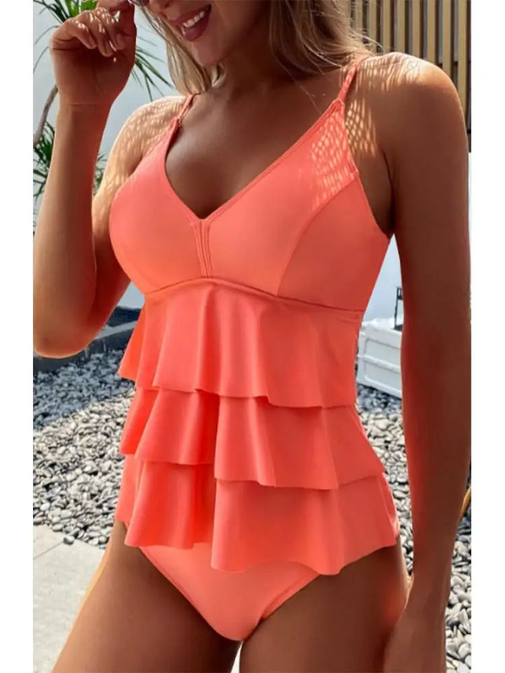 Cleo | Women's Beach Tiered Ruffle V Neck One Piece Swimsuit
