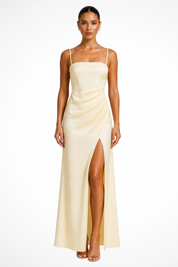 Colette | Women's Square Neck Side Slit Wedding Guest Satin Midi Dress