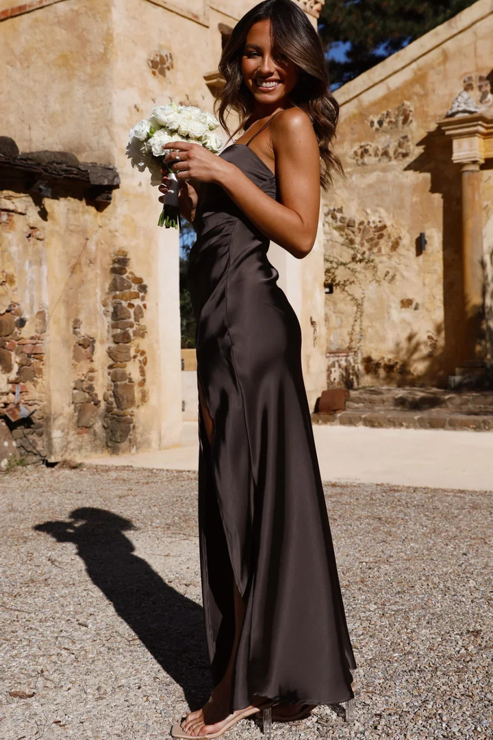 Colette | Women's Square Neck Side Slit Wedding Guest Satin Midi Dress