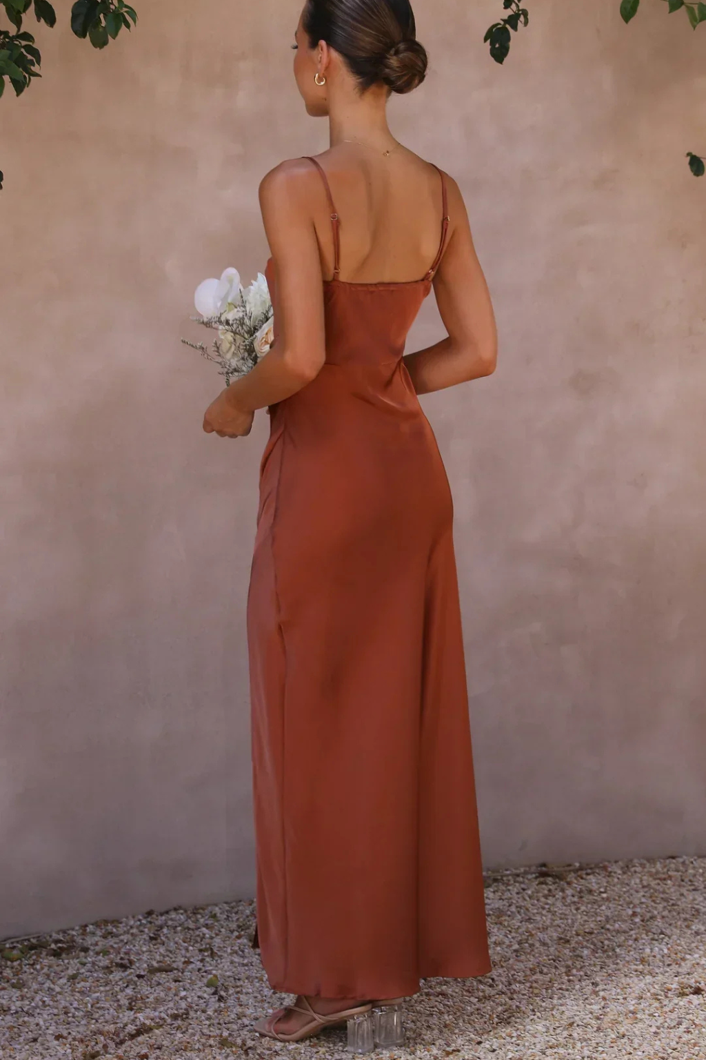 Colette | Women's Square Neck Side Slit Wedding Guest Satin Midi Dress