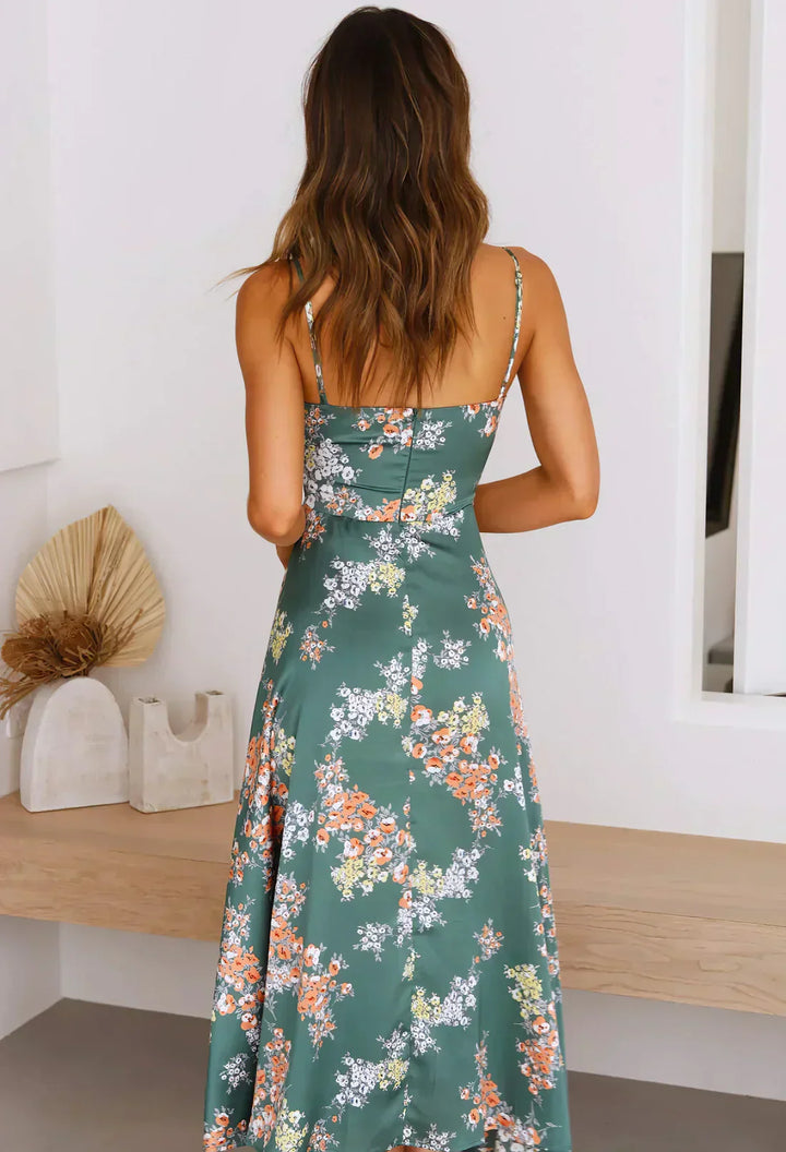 Elara | Women's Floral Satin Midi Dress Cut Out Detail