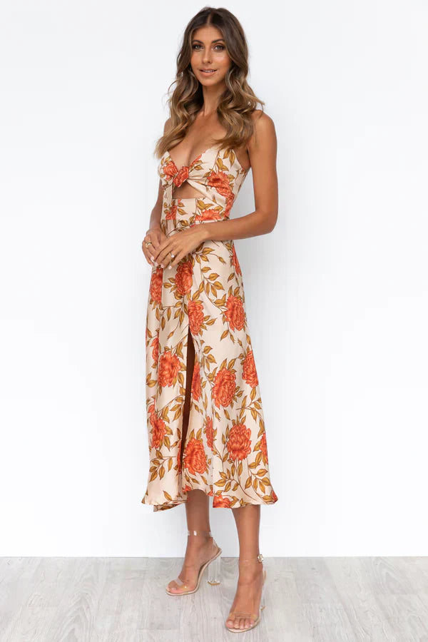 Elara | Women's Floral Satin Midi Dress Cut Out Detail