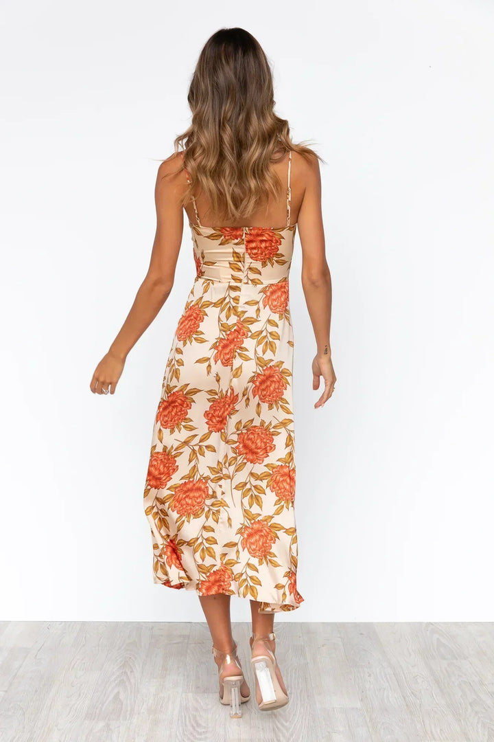 Elara | Women's Floral Satin Midi Dress Cut Out Detail