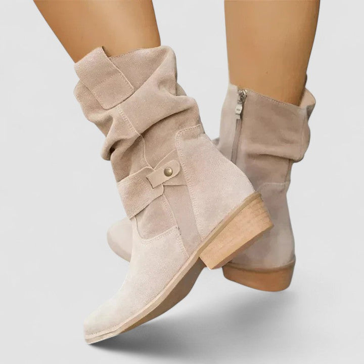 Elara | Women's Suede Slouch Boots Fold Over Cuff Block Heel