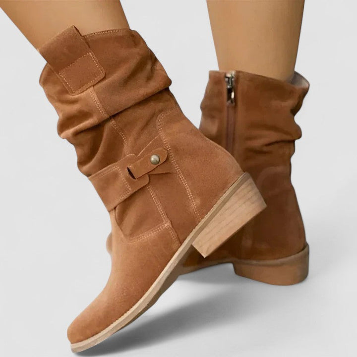 Elara | Women's Suede Slouch Boots Fold Over Cuff Block Heel