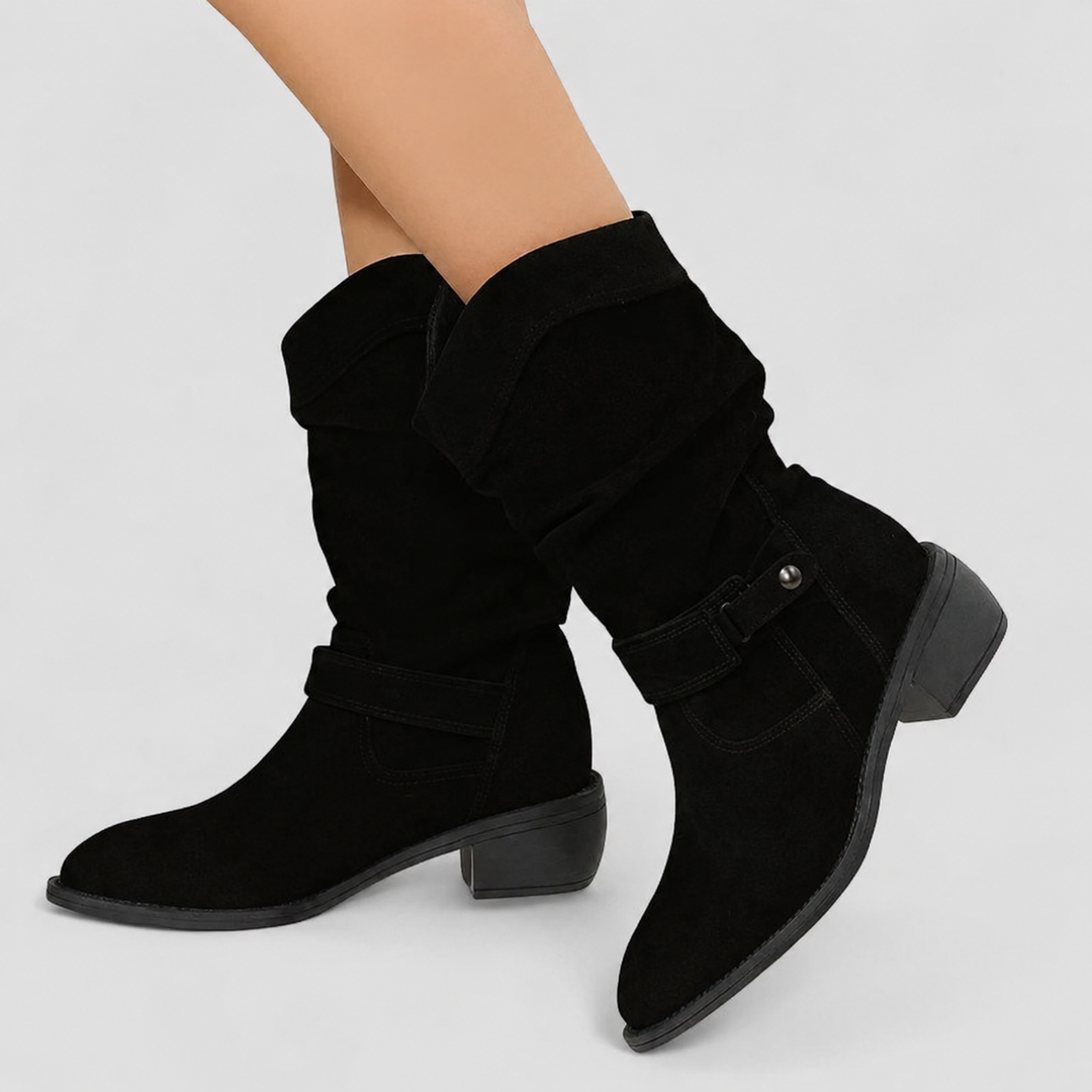 Elara | Women's Suede Slouch Boots Fold Over Cuff Block Heel