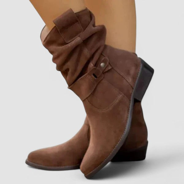 Elara | Women's Suede Slouch Boots Fold Over Cuff Block Heel