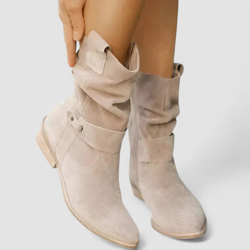 Elara | Women's Suede Slouch Boots Fold Over Cuff Block Heel