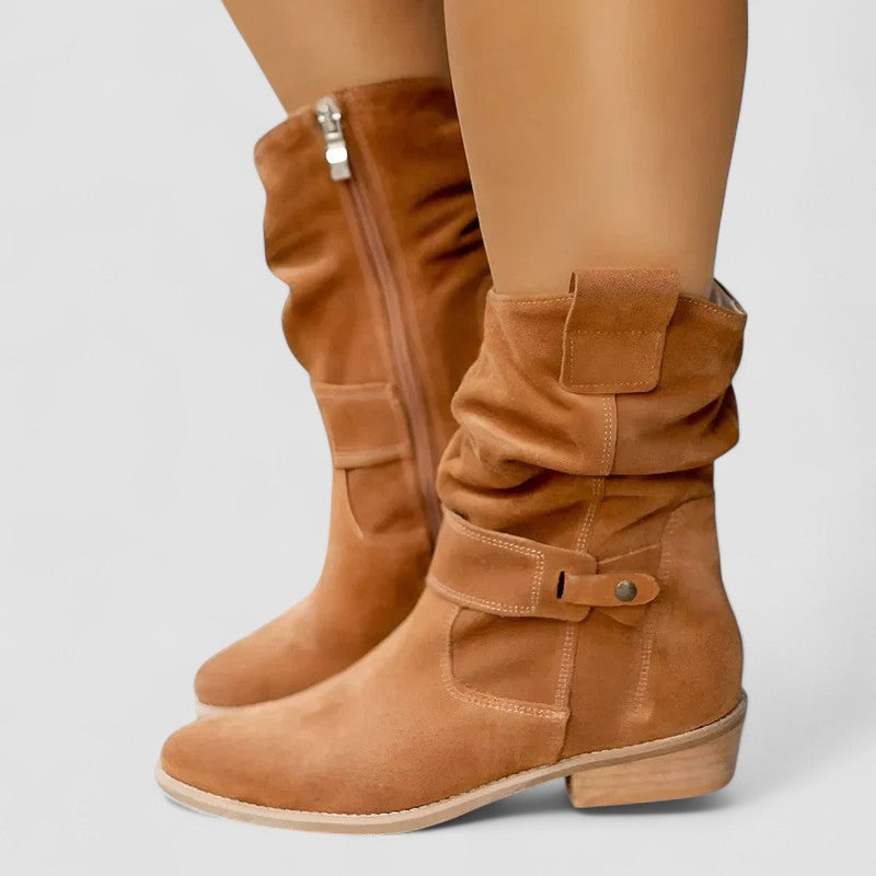 Elara | Women's Suede Slouch Boots Fold Over Cuff Block Heel