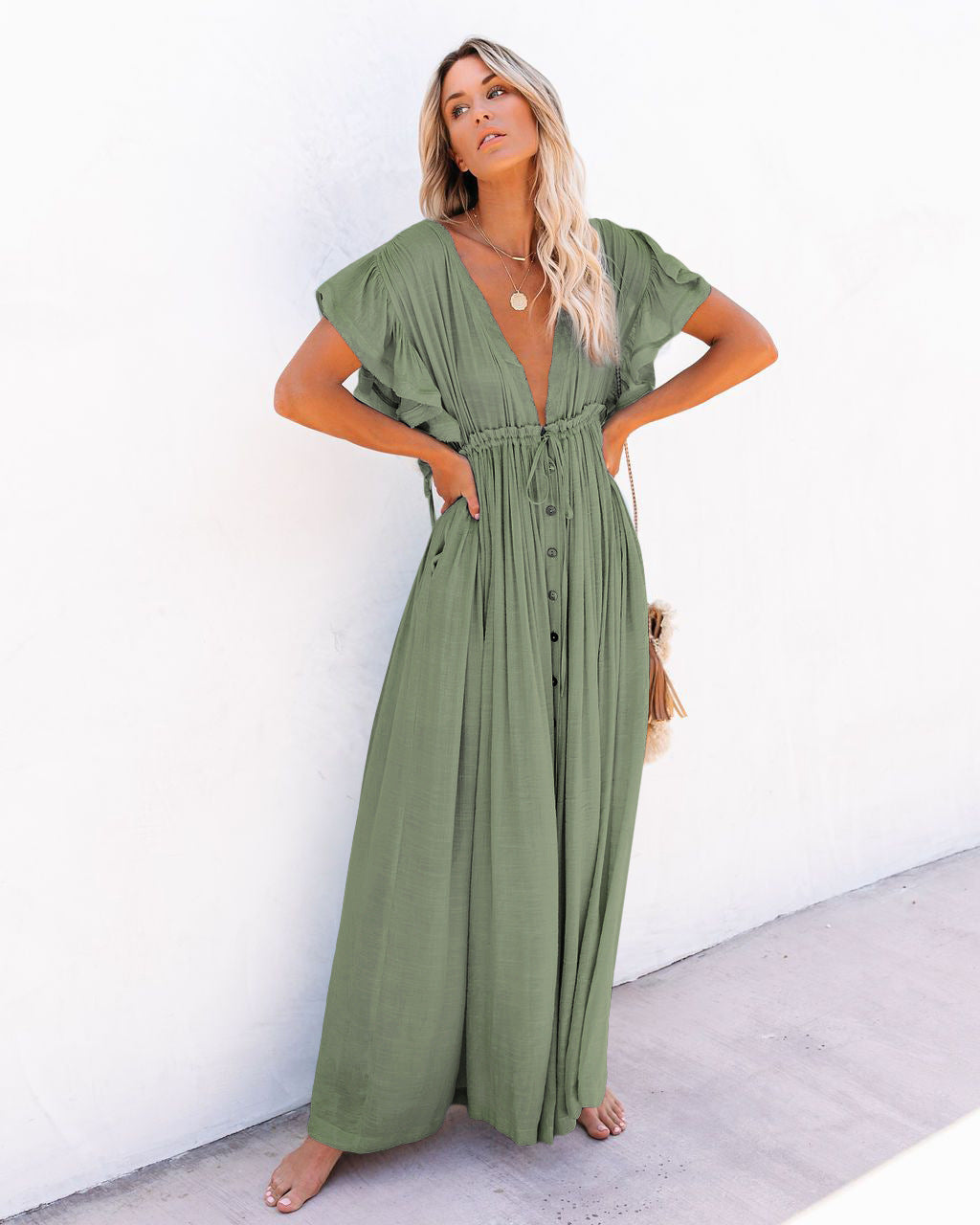 Eleanor | Women's Button Front Sleeveless Boho Maxi Sundress