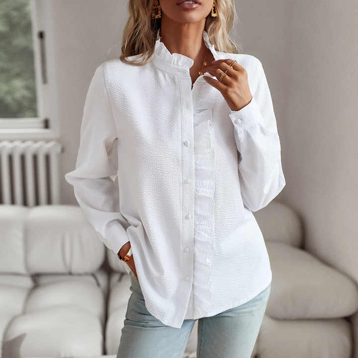 Eleanor | Women's Blouse Ruffle Front Button-Up Long Sleeve