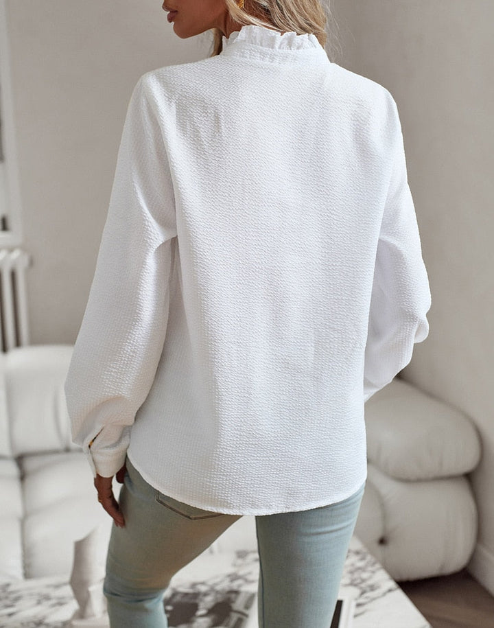 Eleanor | Women's Blouse Ruffle Front Button-Up Long Sleeve