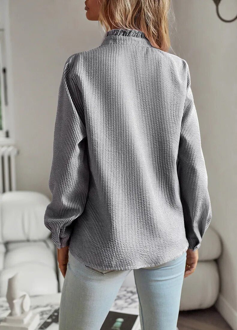 Eleanor | Women's Blouse Ruffle Front Button-Up Long Sleeve