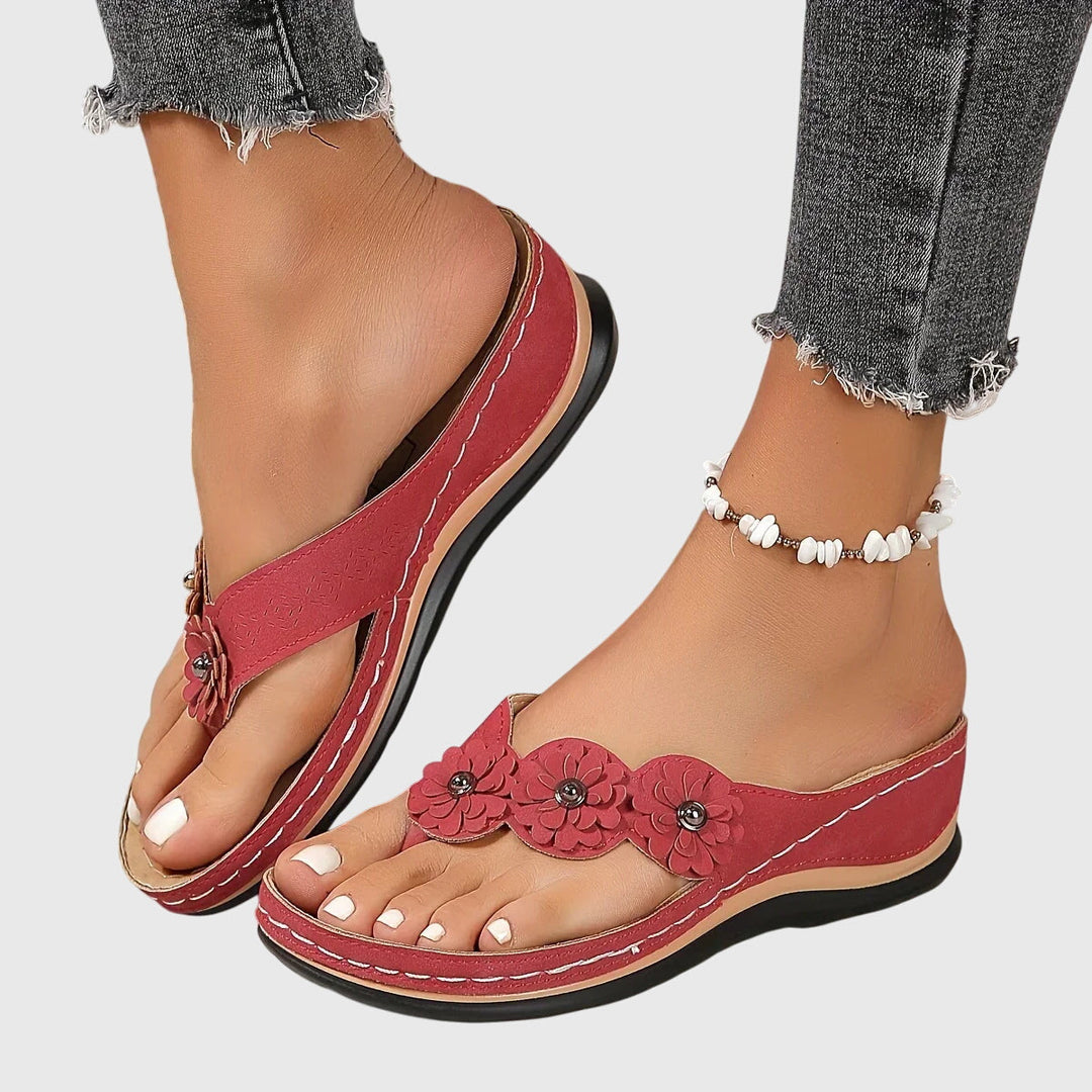 Flora | Women's Boho Floral Thong Suede Contoured Wedge Flip Flops