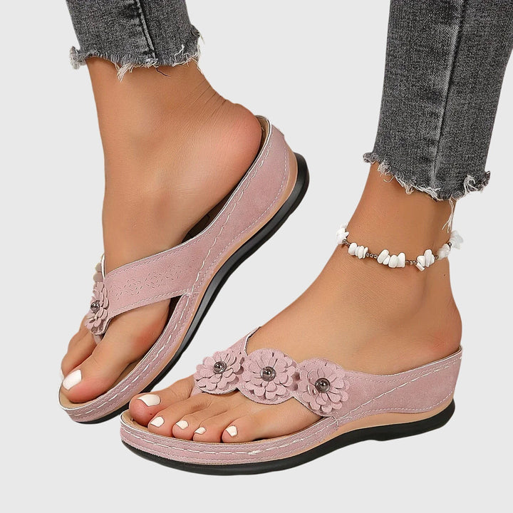 Flora | Women's Boho Floral Thong Suede Contoured Wedge Flip Flops