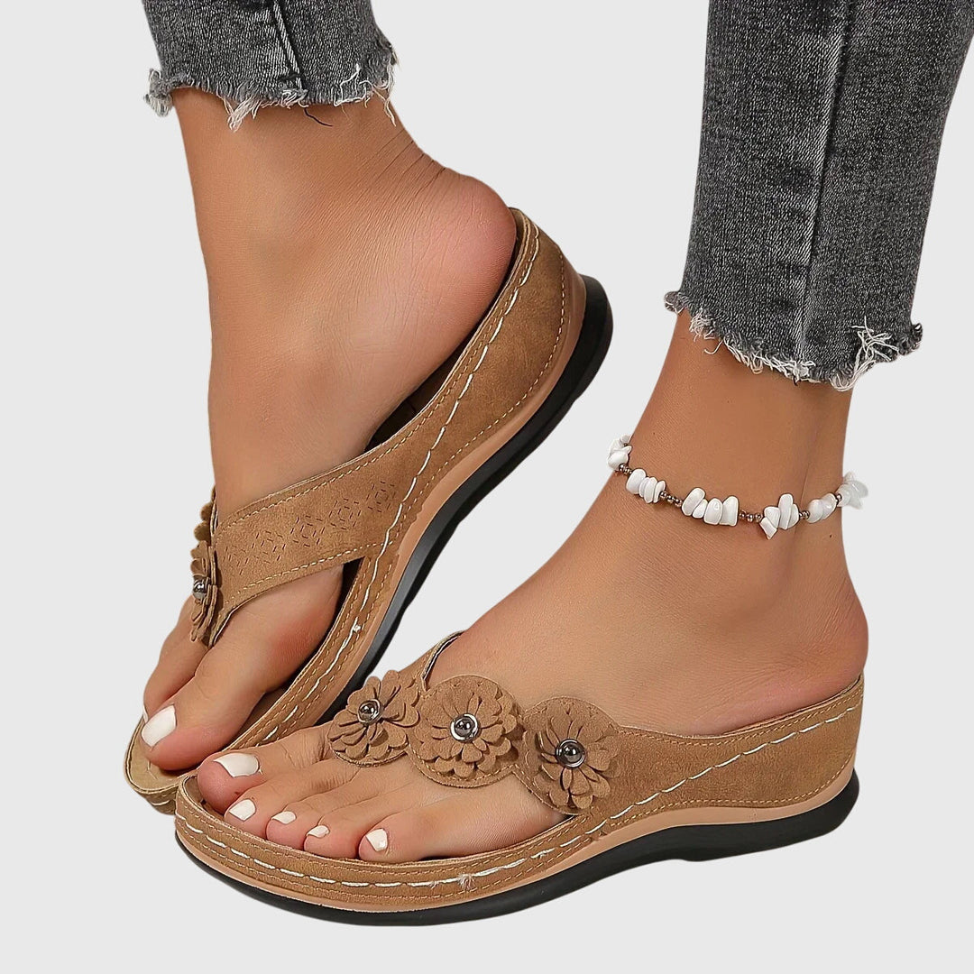 Flora | Women's Boho Floral Thong Suede Contoured Wedge Flip Flops