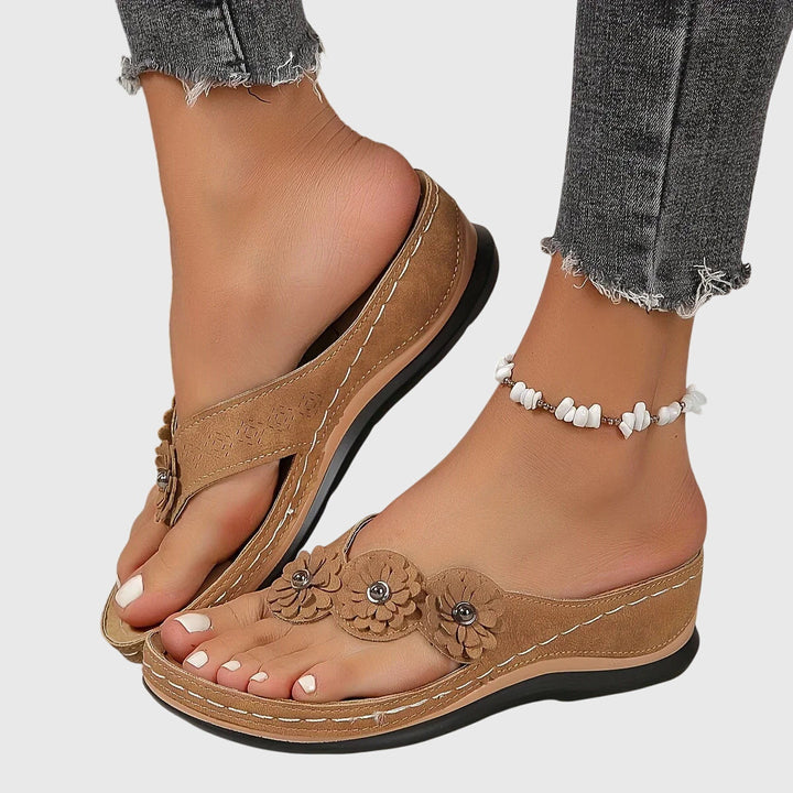Flora | Women's Boho Floral Thong Suede Contoured Wedge Flip Flops