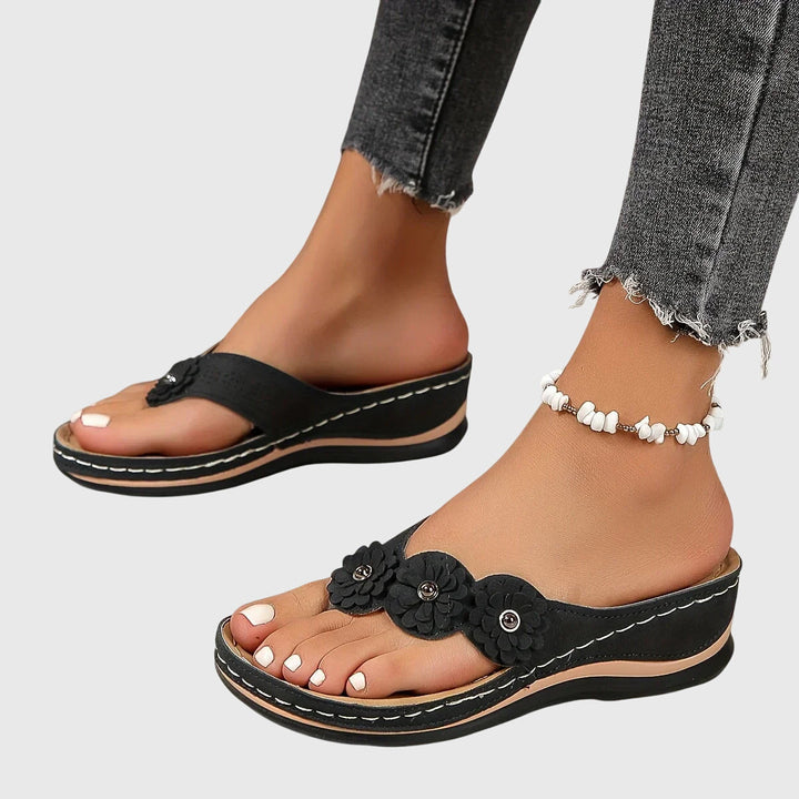 Flora | Women's Boho Floral Thong Suede Contoured Wedge Flip Flops