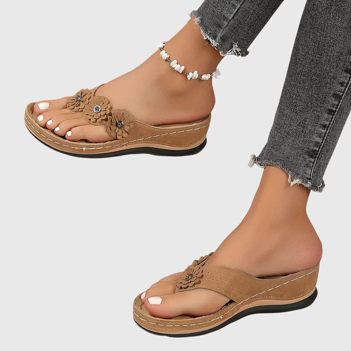 Flora | Women's Boho Floral Thong Suede Contoured Wedge Flip Flops