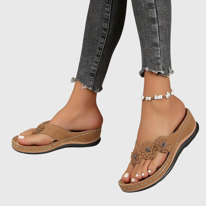 Flora | Women's Boho Floral Thong Suede Contoured Wedge Flip Flops