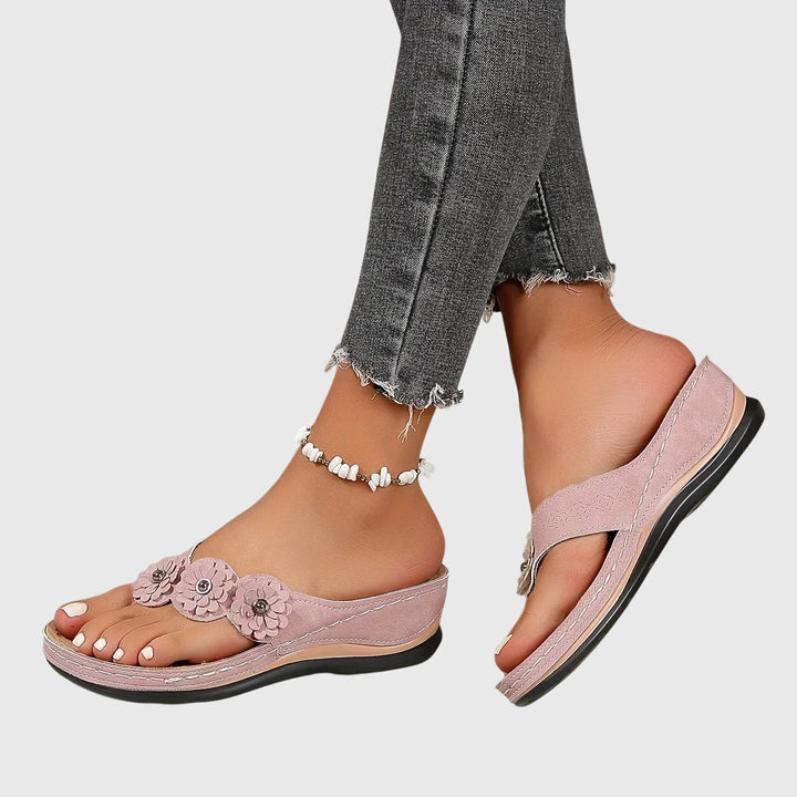 Flora | Women's Boho Floral Thong Suede Contoured Wedge Flip Flops