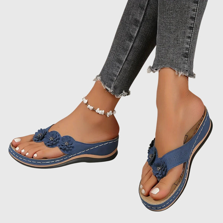 Flora | Women's Boho Floral Thong Suede Contoured Wedge Flip Flops