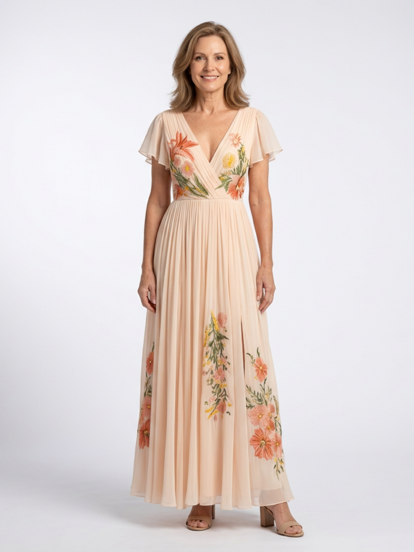Woman wearing a floral dress on a white background