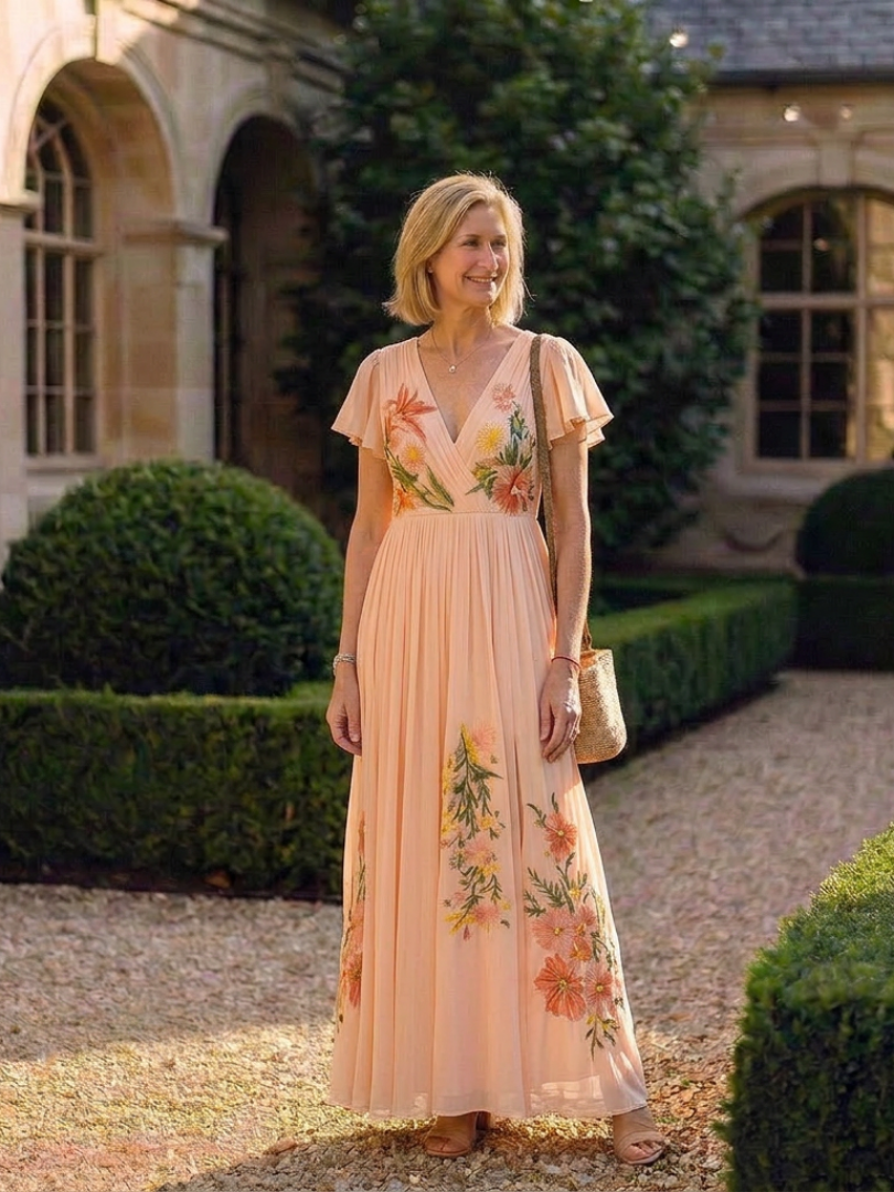 Woman in a floral dress standing in a garden setting