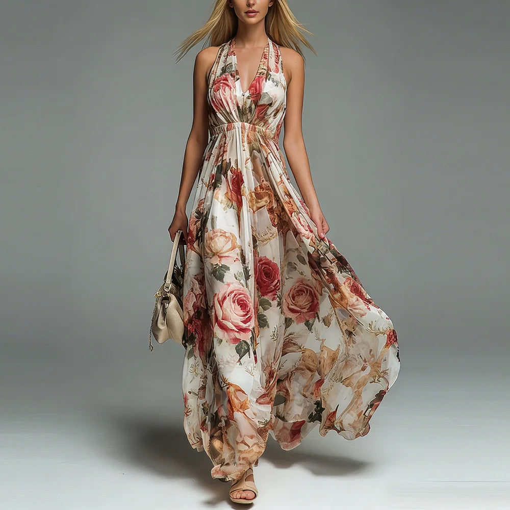 Geneva | Women's Floral Maxi Dress Halter Plunge Summer