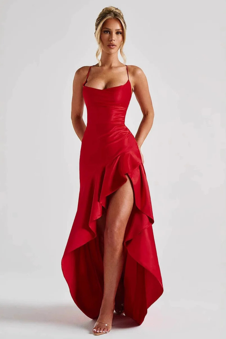 Genevieve | Women's Cowl Neck Satin Slip Wedding Guest Maxi Dress