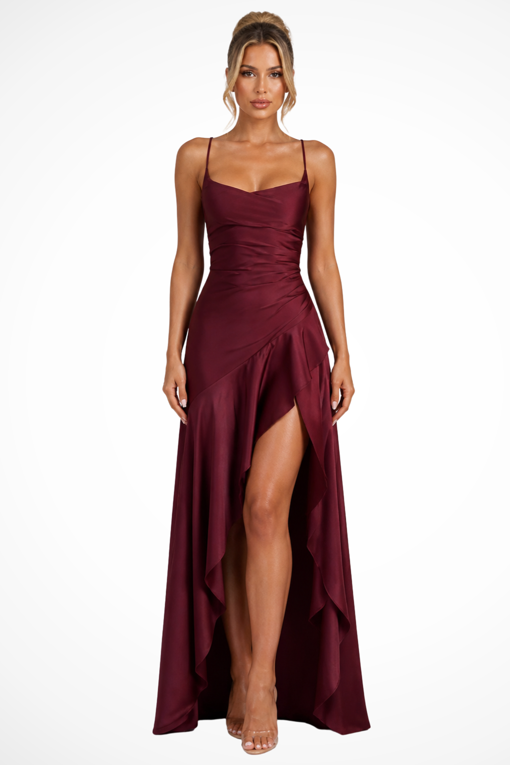 Genevieve | Women's Cowl Neck Satin Slip Wedding Guest Maxi Dress