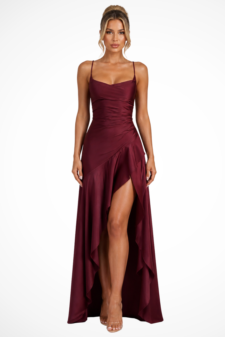 Genevieve | Women's Cowl Neck Satin Slip Wedding Guest Maxi Dress