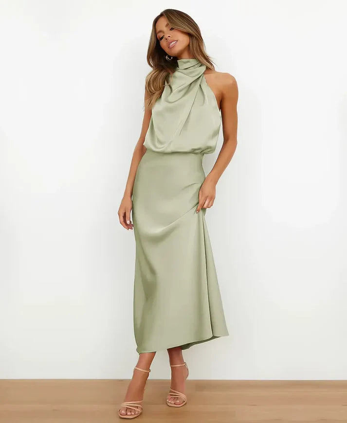 Isabelle | Women's Satin Halter Midi Sundress Formal