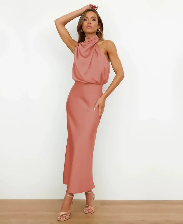Isabelle | Women's Satin Halter Midi Sundress Formal