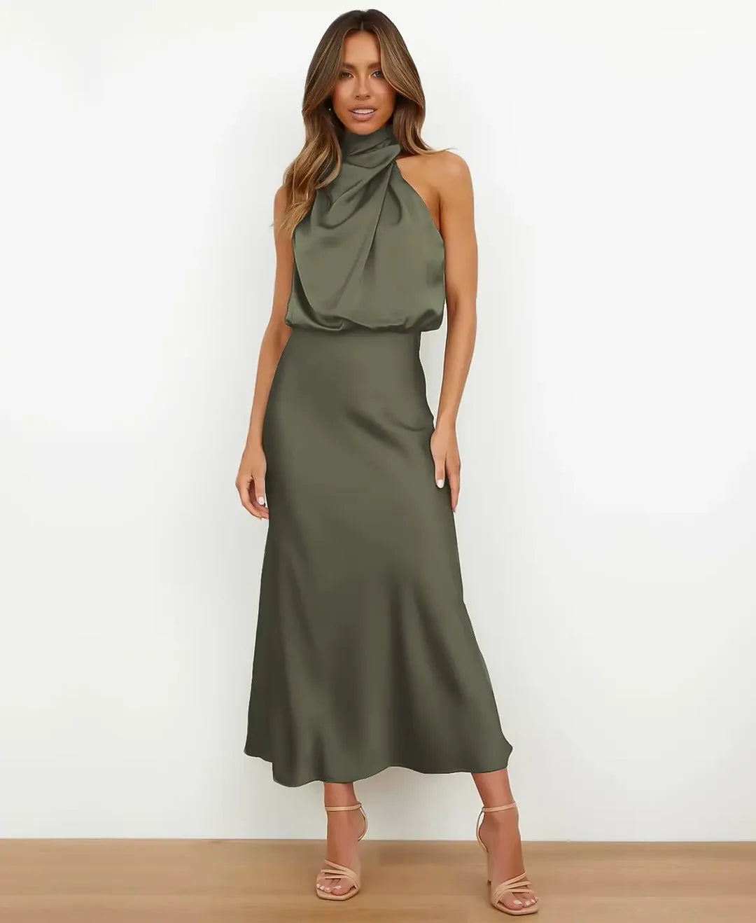 Isabelle | Women's Satin Halter Midi Sundress Formal
