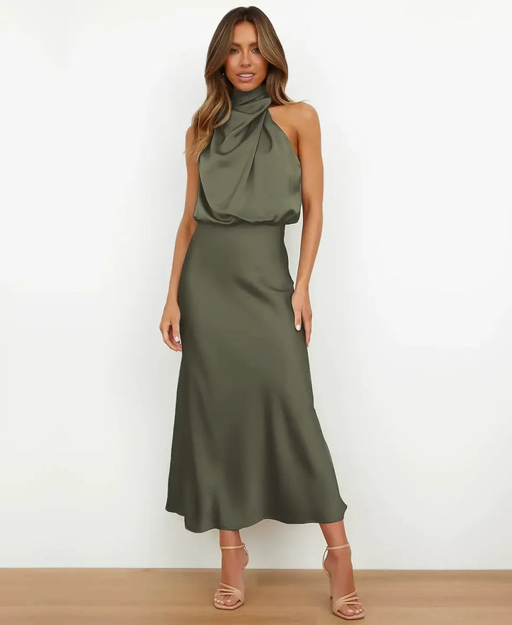 Isabelle | Women's Satin Halter Midi Sundress Formal