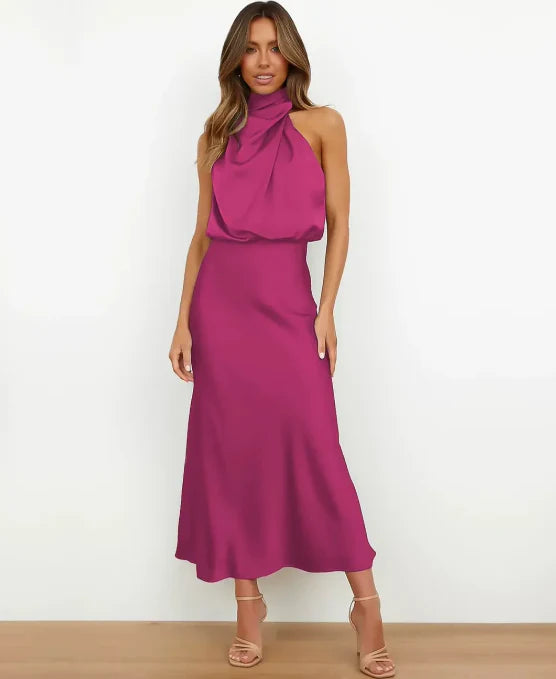 Isabelle | Women's Satin Halter Midi Sundress Formal