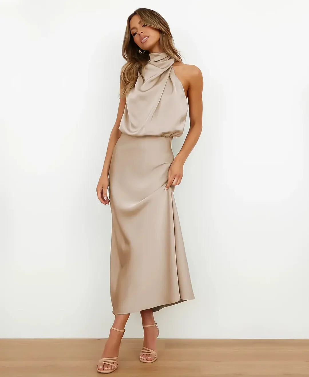 Isabelle | Women's Satin Halter Midi Sundress Formal