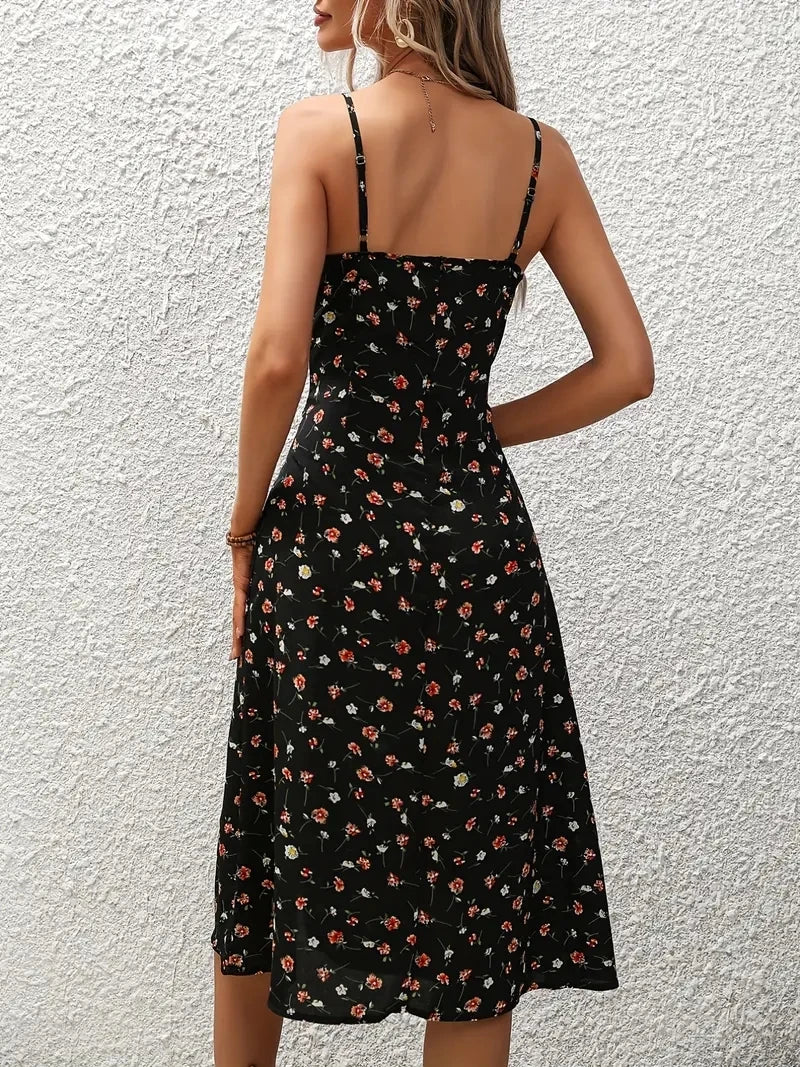Isla | Women's Cocktail Midi Dress Spaghetti Strap Floral Slit Boho