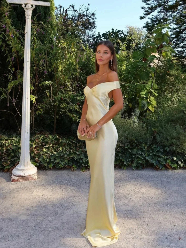 Isolde | Women's Satin Off Shoulder Maxi Dress Formal Gown