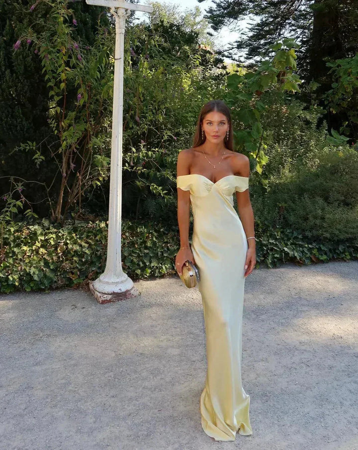 Isolde | Women's Satin Off Shoulder Maxi Dress Formal Gown
