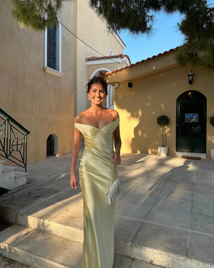 Isolde | Women's Satin Off Shoulder Maxi Dress Formal Gown