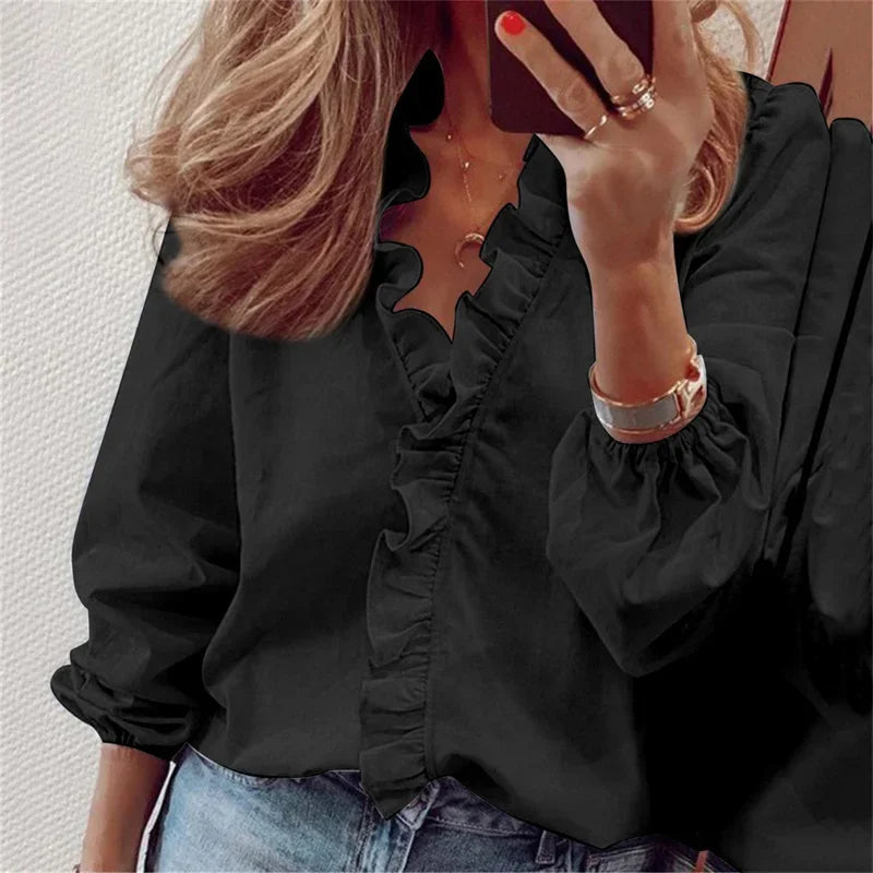 Juliet | Women's Blouse Button-Up Ruffle Trim Long Sleeve