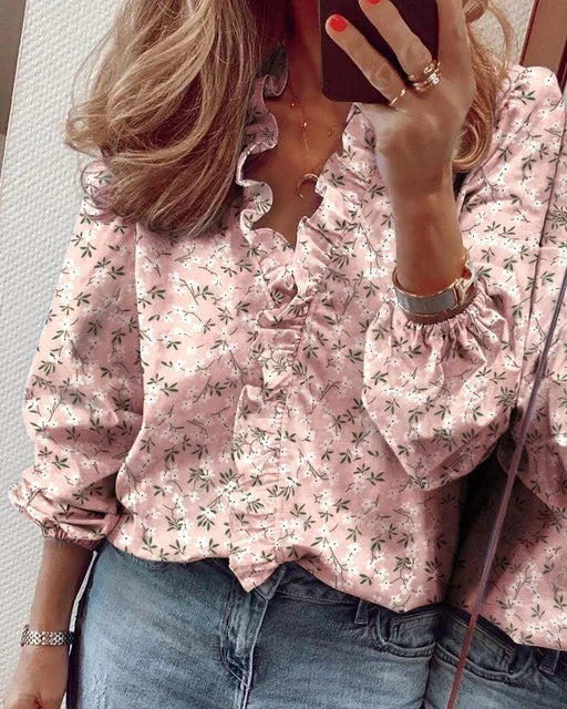 Juliet | Women's Blouse Button-Up Ruffle Trim Long Sleeve
