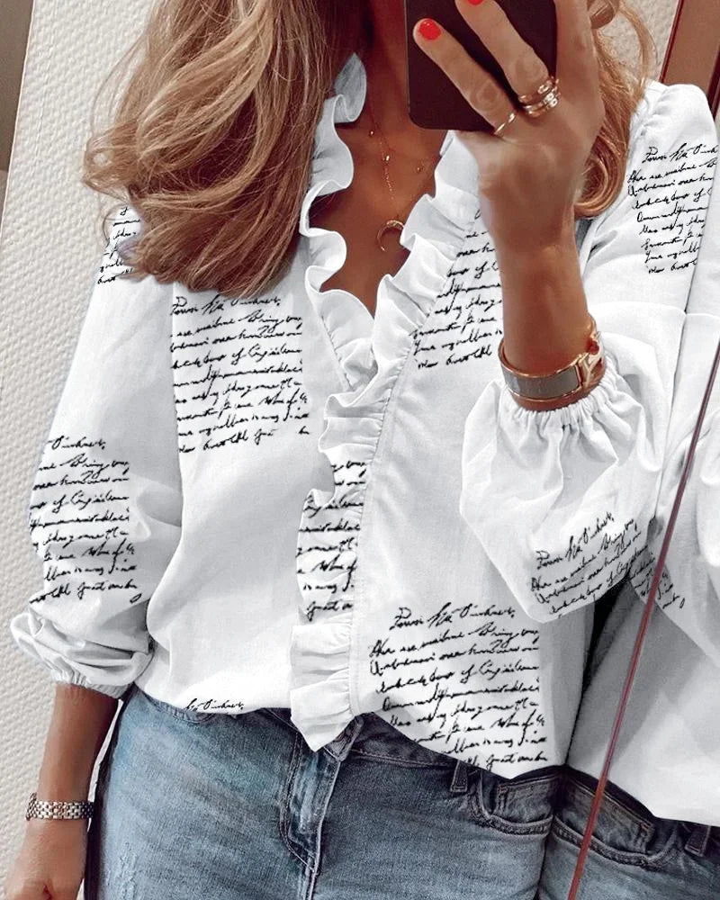 Juliet | Women's Blouse Button-Up Ruffle Trim Long Sleeve