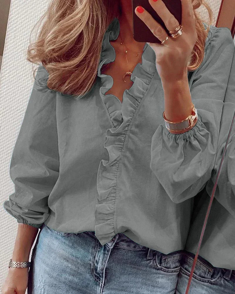 Juliet | Women's Blouse Button-Up Ruffle Trim Long Sleeve
