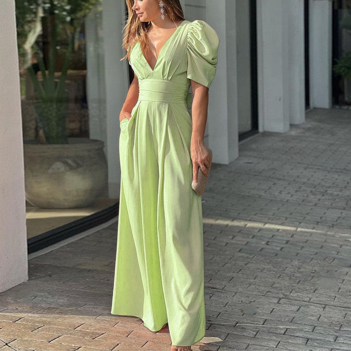 Linnea | Women's V Neck Puff Sleeve Wide Leg Jumpsuit
