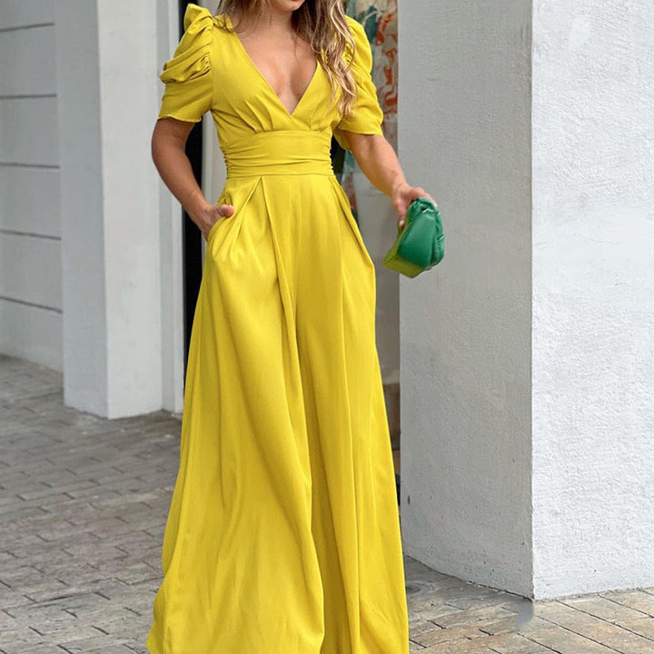 Linnea | Women's V Neck Puff Sleeve Wide Leg Jumpsuit