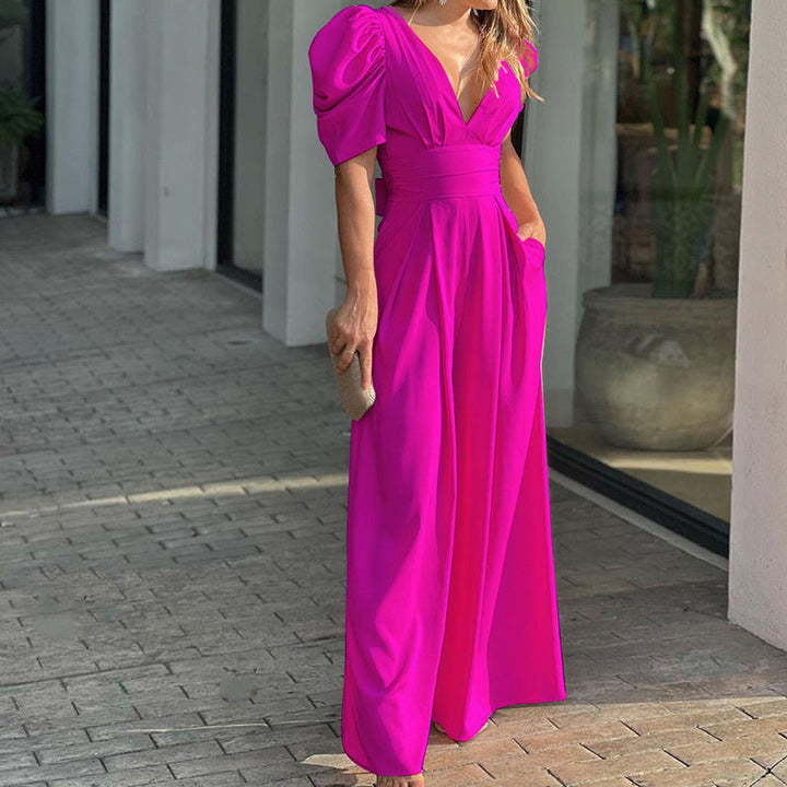Linnea | Women's V Neck Puff Sleeve Wide Leg Jumpsuit